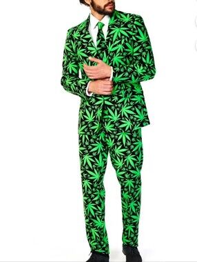 OppoSuits CannaBoss Suit Size 38 Blazer & Pants Green Leaves